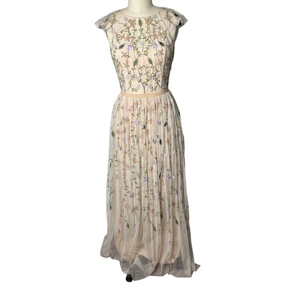 Asos Floral Vine Fairy Garden Embroidered Sequin Mesh Sheer Maxi Dress Size 4 - Picture 1 of 6